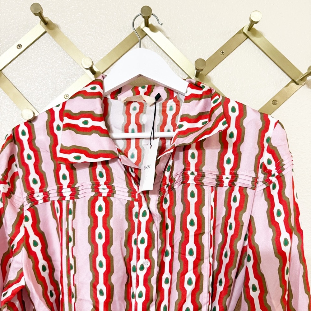 NWT Lisou Alina Silk Twill Pink Red Link Print Belted Button Front Shirt Dress - Picture 9 of 10